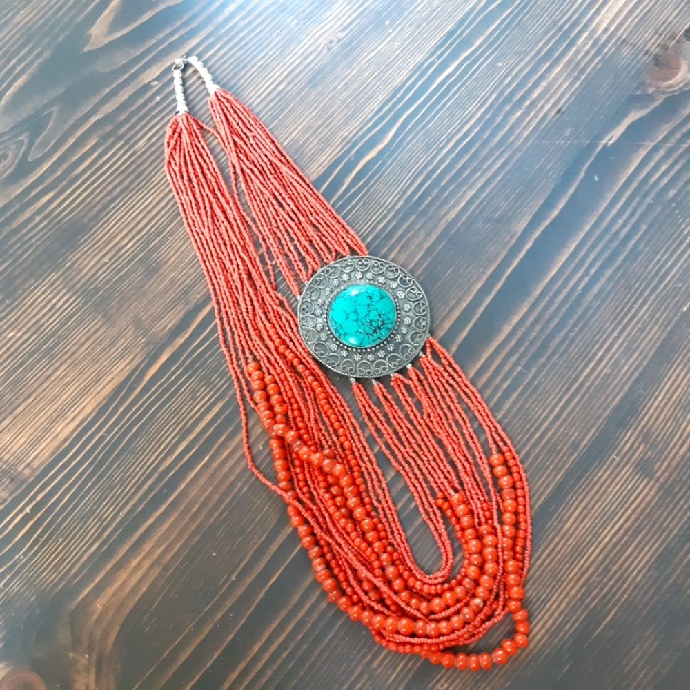 Chunky Beaded Coral Turquoise Silver Necklace